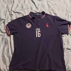 Polo Ralph Lauren USA 16 Polo Custom Slim Fit Shirt American Flag Pony Blue 2XL.